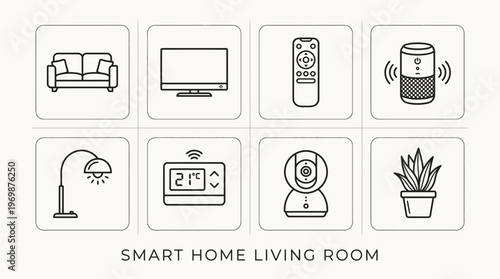Smart home living room icons showing sofa, TV, remote, speaker, lamp, thermostat, camera, plant.