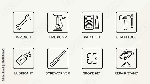 Bicycle maintenance icons showing wrench, pump, tube, chain tool, lube, screwdriver, double wrench, repair stand.