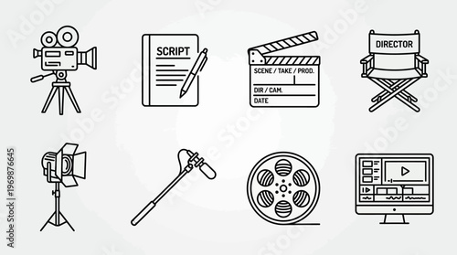 Filmmaking icons showing camera, script, clapperboard, director, light, microphone, reel, editing.