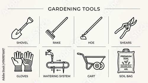 Vector set of gardening tools including shovel, rake, hoe, shears, gloves, watering can, and wheelbarrow