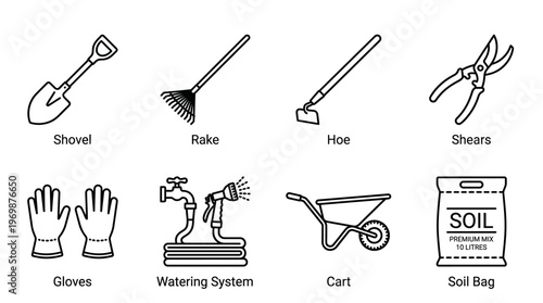 Vector set of gardening tools including shovel, rake, hoe, shears, gloves, watering can, and wheelbarrow