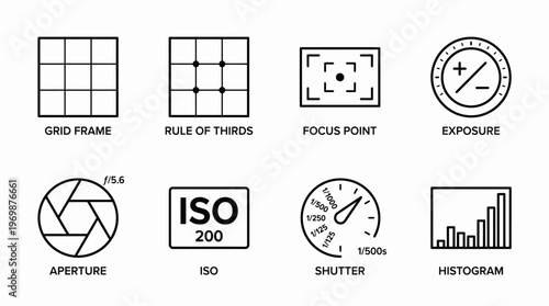 Photography icons showing grid, thirds, focus, exposure, aperture, ISO, shutter, histogram.