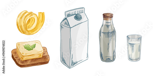 Hand drawn vintage sketch of butter curl block milk carton bottle and glass dairy colored set illustration