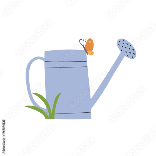 Naive flat style illustration of gardening watering can for gardening themes, plant care content, and spring garden branding.