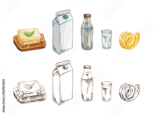 Hand drawn vintage sketch of butter milk carton bottle glass and bread dairy colored and monochrome set illustration