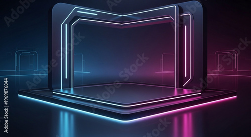 Neon lit 3d futuristic portal on a sleek platform with vibrant blue and pink glowing lines dark background with subtle light reflections