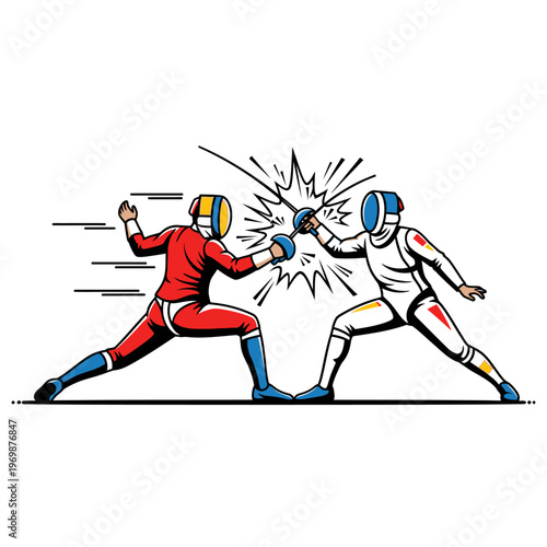 Fencing Duel: Two Athletes in Combat, Dynamic Action Illustration