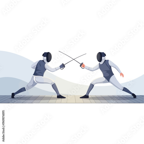 Fencing duel: two athletes in protective gear clash swords in competitive sport