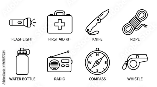 Emergency survival kit icons showing flashlight, first aid, knife, rope, bottle, radio, compass, whistle.