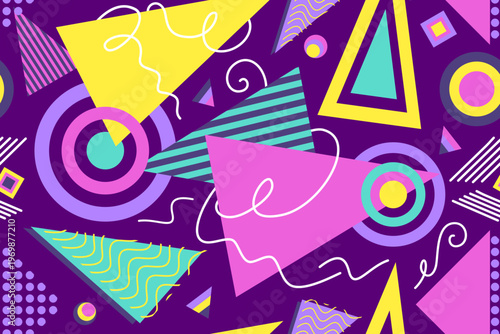 Memphis design seamless repeat pattern. Memphis 80s geometric colorful creative design vector illustration. For textile, texture, fabric wrapping, decorative, wallpaper, shirts, clothing, tablecloth