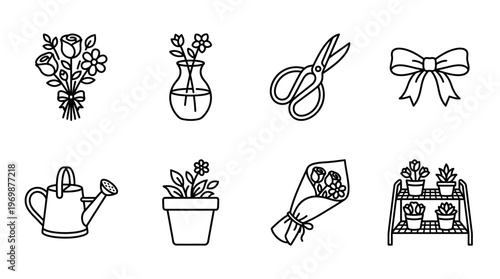 Gardening and floristry icons showing bouquet, scissors, watering can, plant, vase, bow, gloves, crate, shears, cart, spray, succulent.