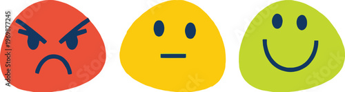 Three colorful emoticon faces expressing different emotions on a white background