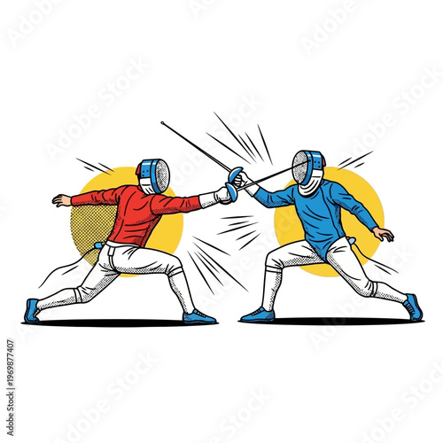 Fencing duel, two athletes in protective gear clashing swords in action pose, sport illustration