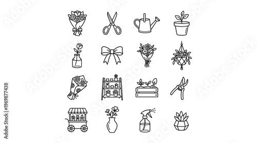 Gardening and floristry icons showing bouquet, scissors, watering can, plant, vase, bow, gloves, crate, shears, cart, spray, succulent.