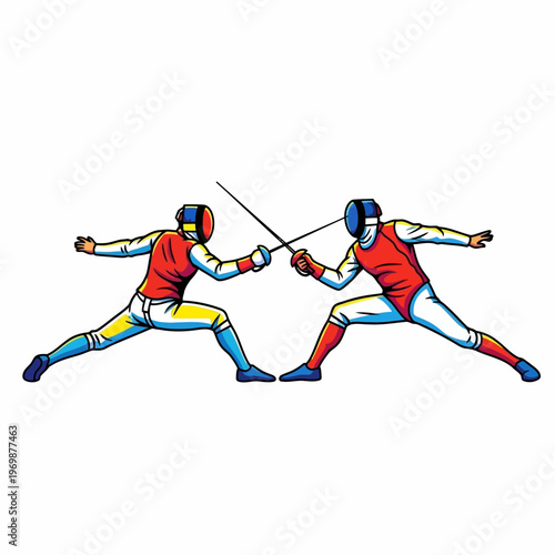 Two Fencers Competing in a Duel with Swords, Action Shot