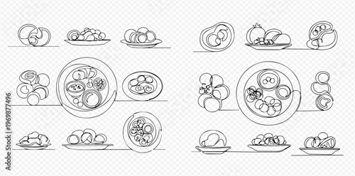 Set of various continuous line drawings depicting different food dishes and ingredients on plates and in bowls, showcasing a minimalist and artistic style.