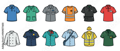 Professional uniforms and workwear representing various occupations and service industries in a colorful illustration.