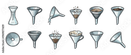 Various funnels and filtering equipment for kitchen, laboratory, and industrial applications illustrated in a hand-drawn style.