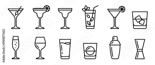 Collection of various cocktail glasses and bar tools line icons, including martini, margarita, whiskey, champagne, and shaker for drink preparation.