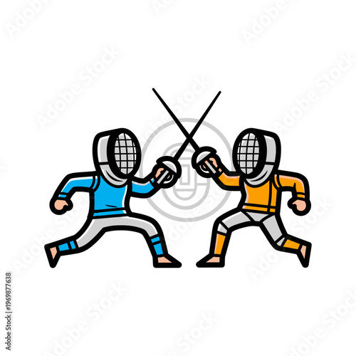 Two Fencers in Action, Cartoon Style, Competing with Swords