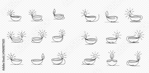 Hand-drawn doodle style collection of traditional Indian Diwali oil lamps.