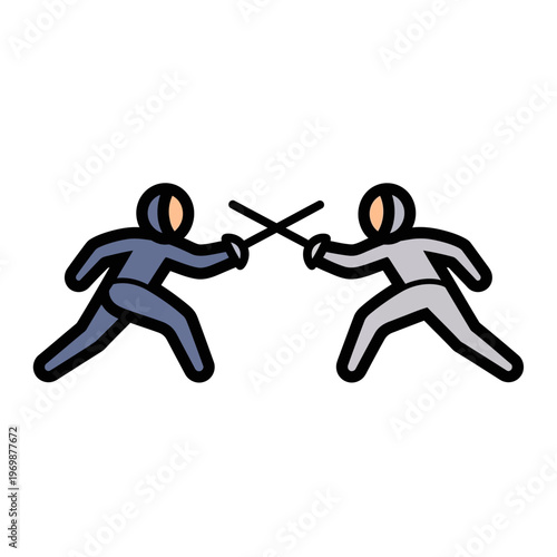 Two Fencers in Action, Crossing Swords in a Duel, Sport Illustration
