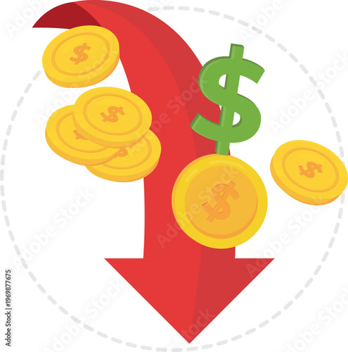 A dollar sign and coins cascade down an arrow, symbolizing financial flow or investment trends.