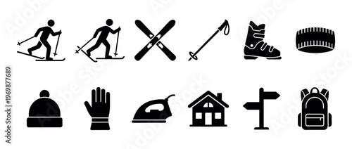Collection of diverse black silhouette icons featuring winter sports equipment, household items, and travel symbols for various design projects.