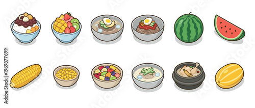 Delightful collection of traditional Korean summer foods and refreshing fruits, perfect for hot weather enjoyment and culinary exploration.