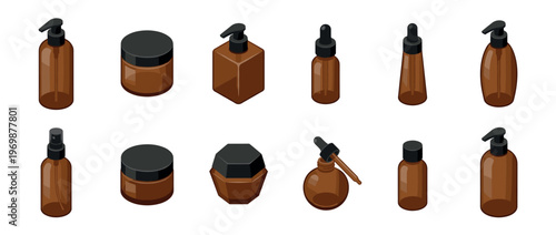 Isometric illustration of various brown cosmetic bottles, jars, and containers for beauty products and essential oils.