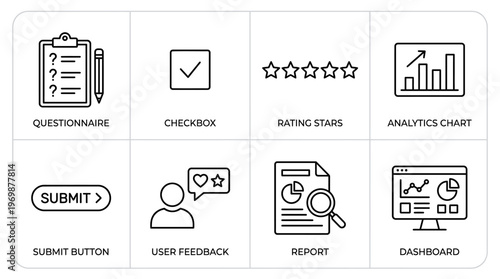 Survey and data collection icons showing questionnaire, checkbox, rating, chart, submit, feedback, report, dashboard.