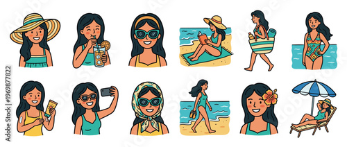 Woman enjoying various summer beach vacation activities, including relaxing, swimming, reading, and sunbathing, in a collection of colorful illustrations.