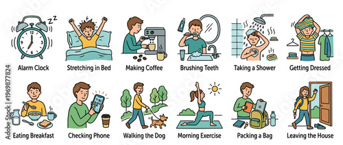 Morning routine activities, daily habits, and personal care tasks illustrated in a comprehensive sequence for a productive start to the day.