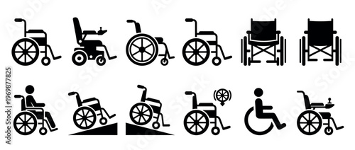 Wheelchair disability accessibility icons set featuring various types of chairs, people, and ramp symbols for mobility assistance.