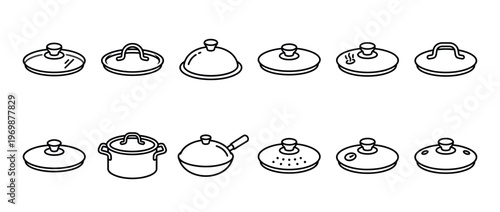 Pot and pan lids kitchenware collection in a variety of shapes and styles for cooking and culinary use.