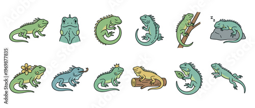 Cute cartoon iguanas in various poses and colors, showcasing different activities and expressions in a fun illustration set.