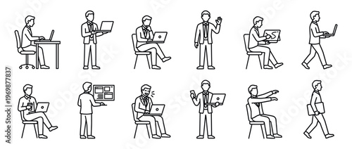 Men using laptops and digital devices in various poses, illustrating different aspects of modern work, business, and technology.