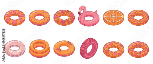 Collection of colorful inflatable swimming rings and pool floats with various patterns and shapes for summer fun and water activities.