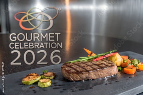 A perfectly cooked gourmet steak, beautifully plated with colorful roasted vegetables and grilled zucchini, is presented on a dark slate board, symbolizing the elegant culinary experience of the 'Gour