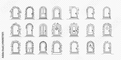 Set of fantasy doors and archways in line art style, various shapes and decorations, isolated on transparent background.