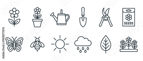 Gardening tools, plants, and nature elements icon set featuring flowers, seeds, watering can, and weather symbols for spring and outdoor activities.