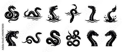 Sea serpent dragon mythical creature monster icons set, featuring various fantasy beasts in water and coiled forms, representing ancient legends and powerful symbols.