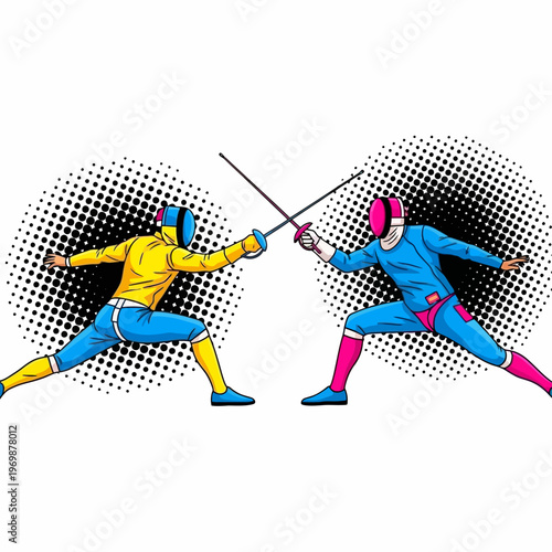 Two Fencers in Colorful Uniforms Sparring with Swords