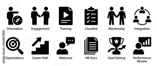 Human resources business development icons collection illustrating various concepts like orientation, training, mentorship, and performance review for employee growth.