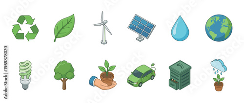 Collection of environmental icons representing eco-friendly concepts, renewable energy, recycling, and nature conservation for sustainable living.