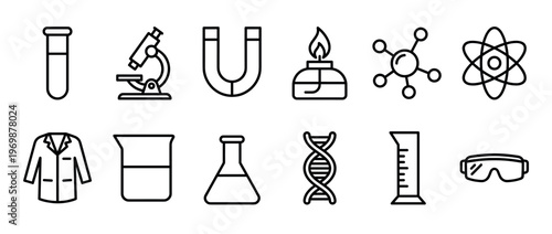 Science icons, laboratory equipment, chemistry tools, and biology symbols vector illustration set for education and research purposes.