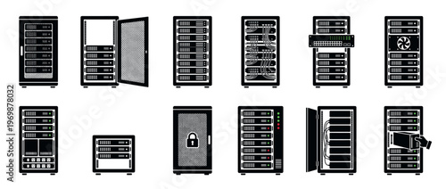 Server racks and data center equipment icons illustrating various network infrastructure components and configurations for modern computing systems.