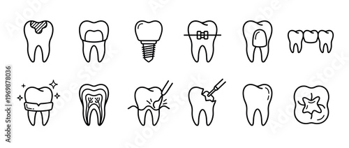 Dental health and treatment icons set featuring various tooth conditions and procedures like cavities, implants, braces, crowns, and root canals.