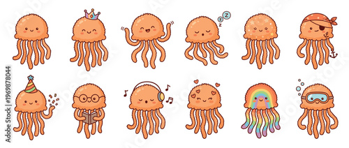 Cute jellyfish characters with various expressions and accessories illustrate a range of emotions and activities in a charming cartoon style.