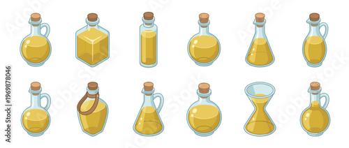 Collection of various cartoon-style glass bottles and jars filled with golden yellow oil, featuring different shapes and cork stoppers in an isometric view.